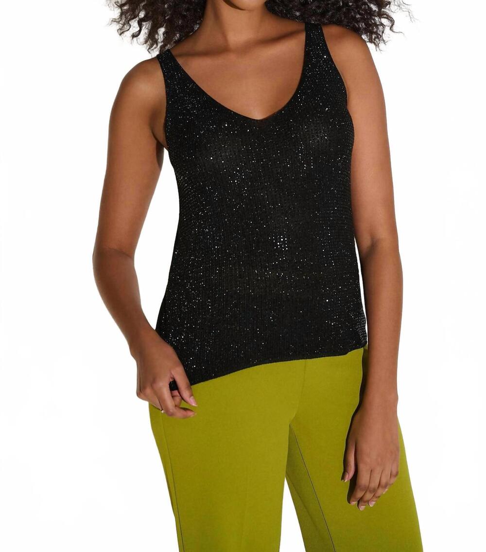 NEW JOSEPH RIBKOFF metallic knitted camisole with rhinestones in black